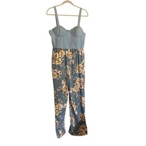 BOG Collective Band Of Gyspies Womens Denim Floral Pant Jumpsuit Blue Size Large